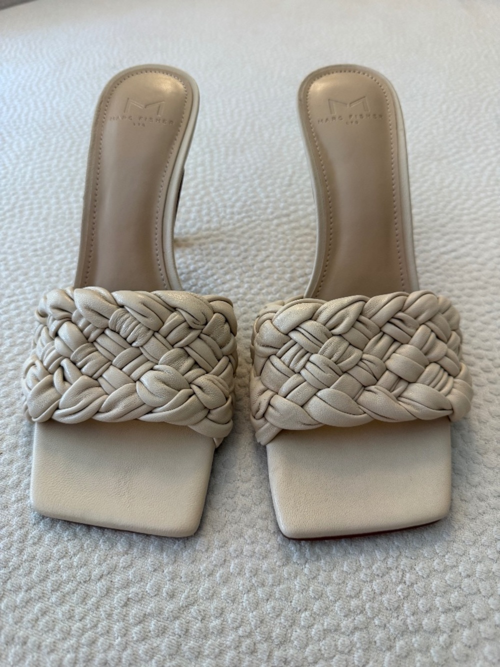 Marc Fisher LTD Draya Ivory Braided Leather Heeled Mules 7.5